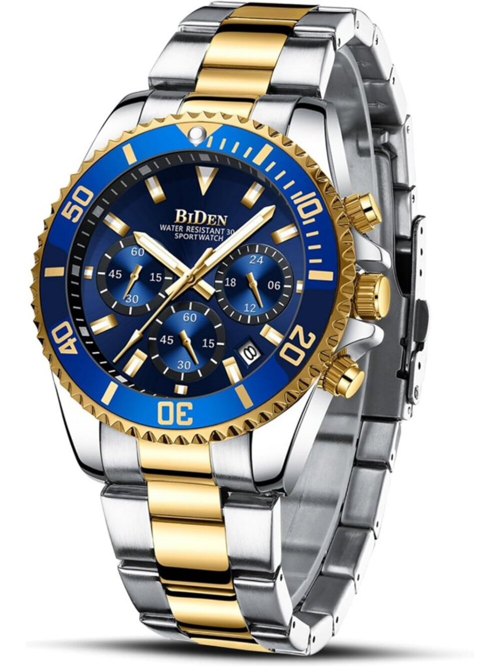 Stylish Men's Chronograph Watch - Gold & Blue Stainless Steel, Waterproof, Date